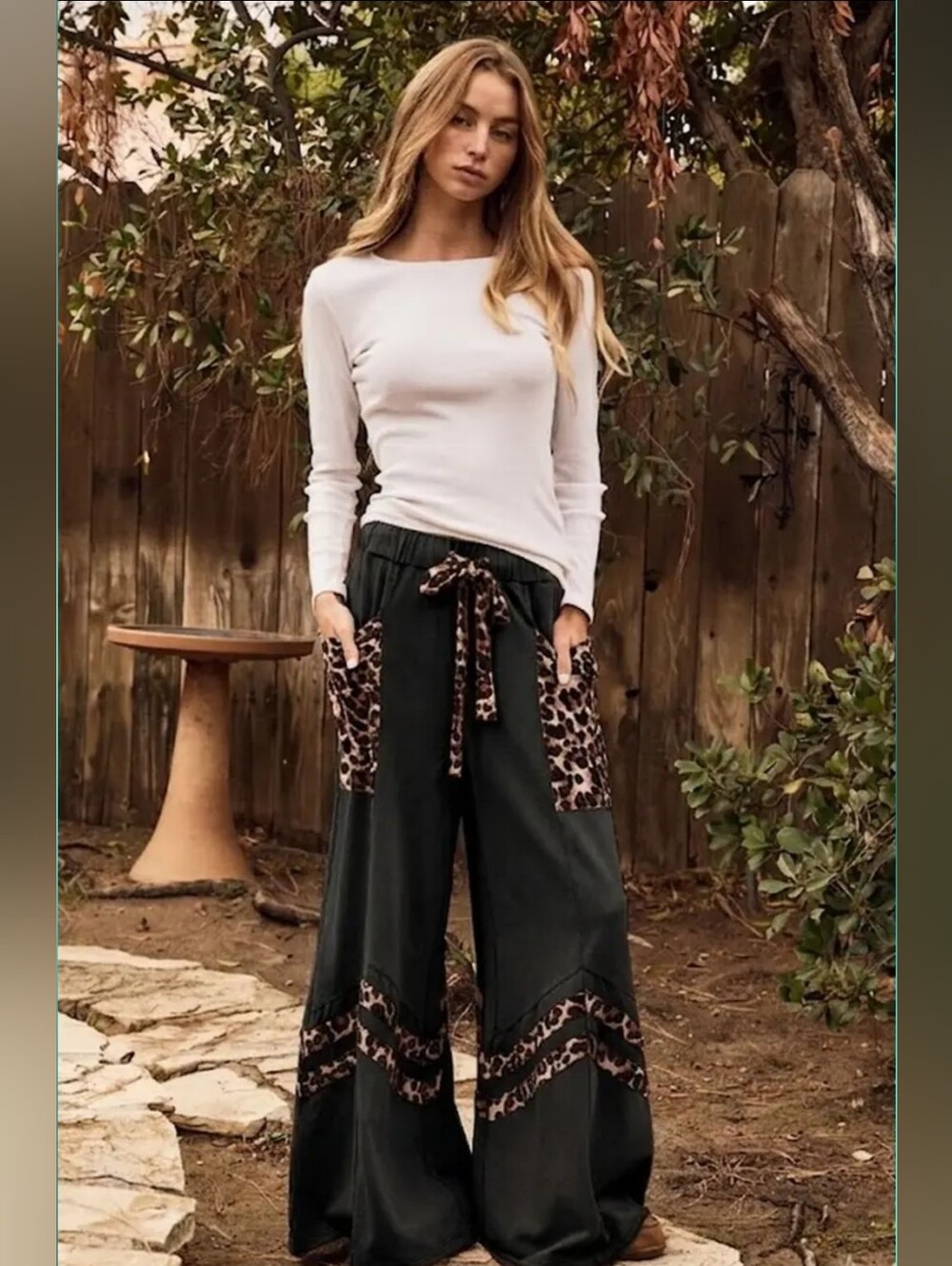Wide-Leg Black Pants with Leopard Trim and Tie Waist